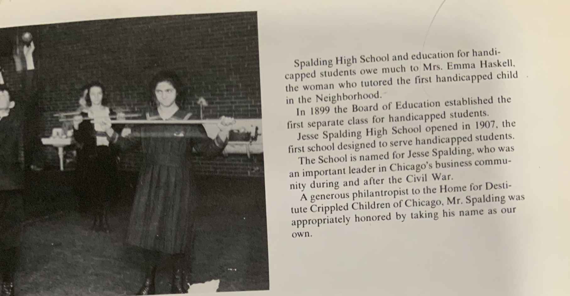 a girl holds an exercise bar in front of her.The text nexts to her reads in part: spalding high school and education for handicapped students owe much to emma haskell, the woman who tutored the first handicapped child in the neighborhood.